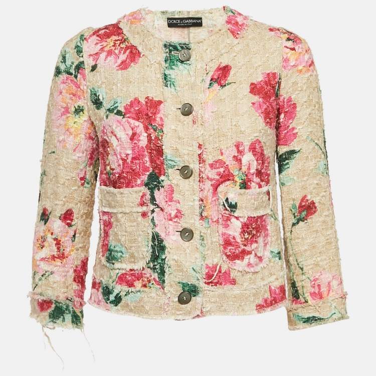 Pre Owned Dolce & Gabbana Floral Print Tweed Button Front Jacket XS
