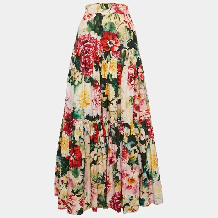 Pre Owned Dolce & Gabbana Multicolor Floral Print Poplin Tiered Maxi Skirt M