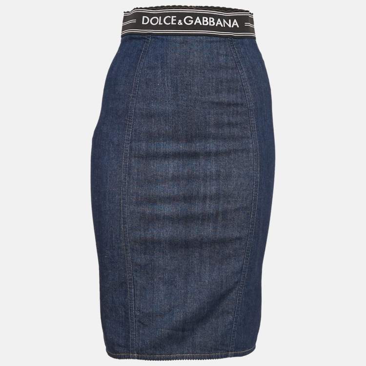 مملوكة مسبقًا Dolce & Gabbana Navy Blue Denim and Jersey Logo Waist Band Pencil Skirt S