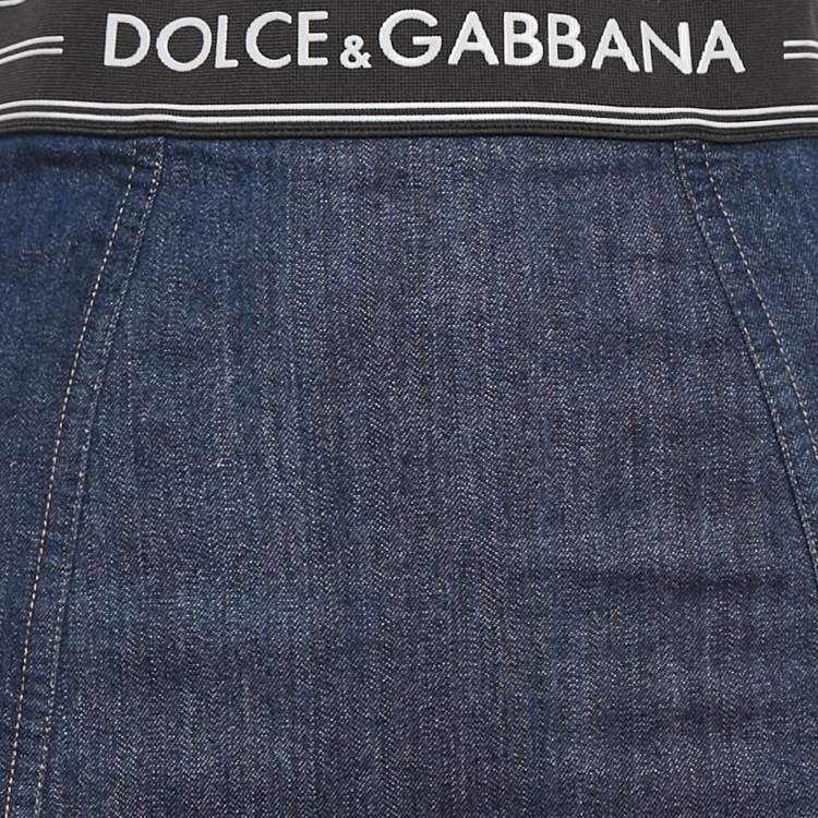 مملوكة مسبقًا Dolce & Gabbana Navy Blue Denim and Jersey Logo Waist Band Pencil Skirt S