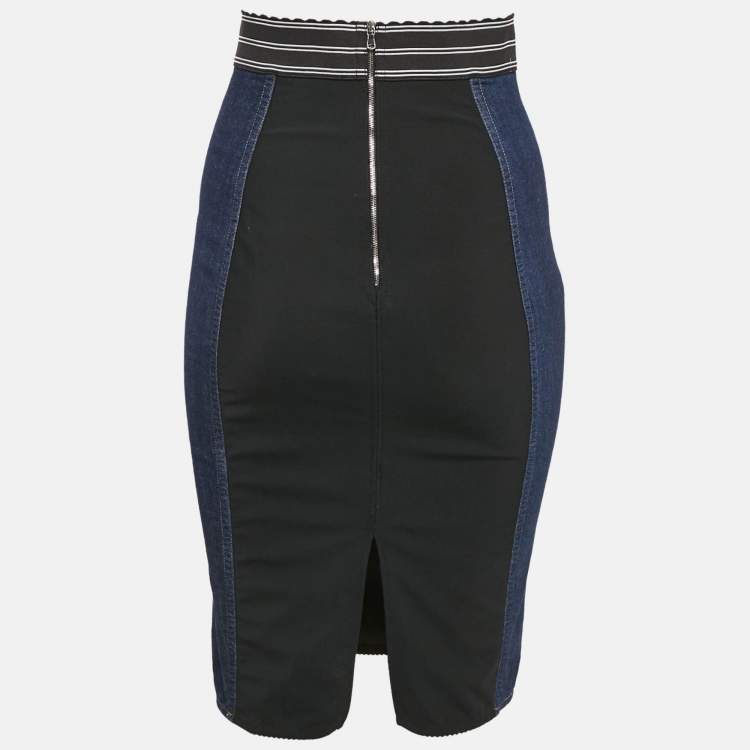 مملوكة مسبقًا Dolce & Gabbana Navy Blue Denim and Jersey Logo Waist Band Pencil Skirt S