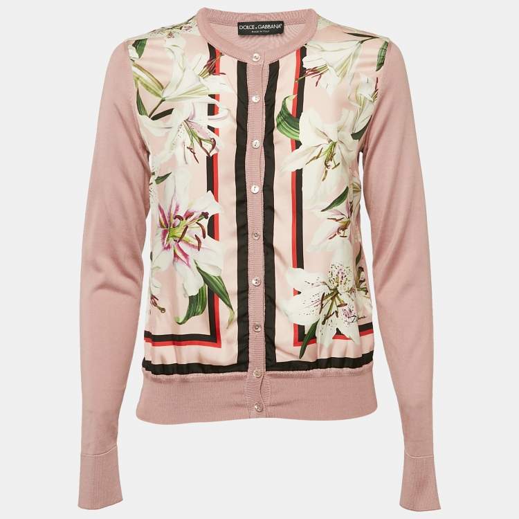 Pre Owned Dolce & Gabbana Pink Floral Print Silk and Rib Knit Cardigan S