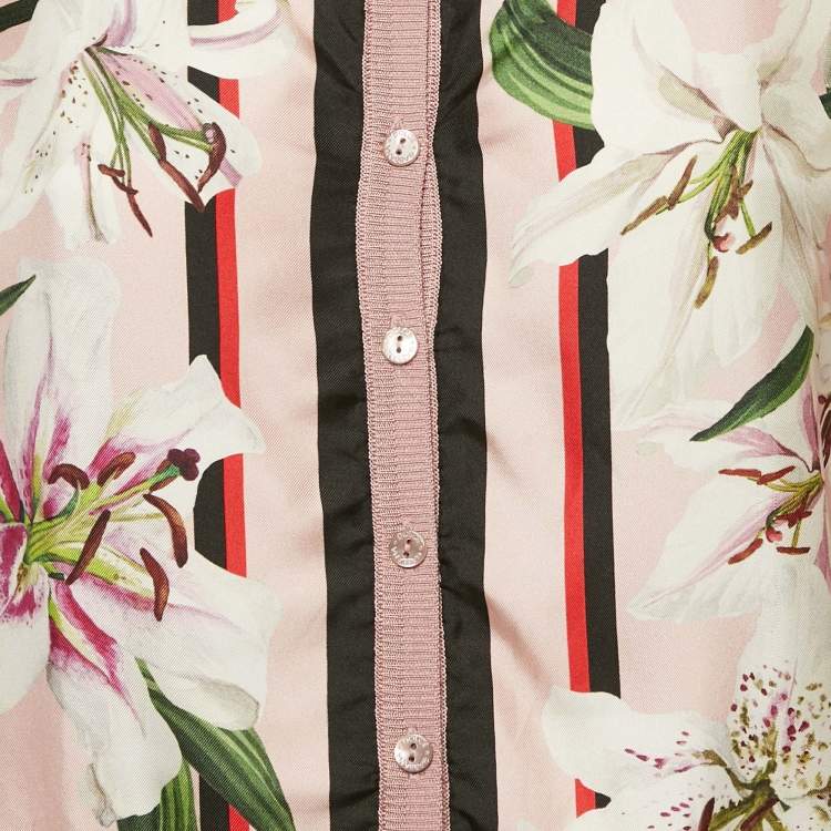 Pre Owned Dolce & Gabbana Pink Floral Print Silk and Rib Knit Cardigan S