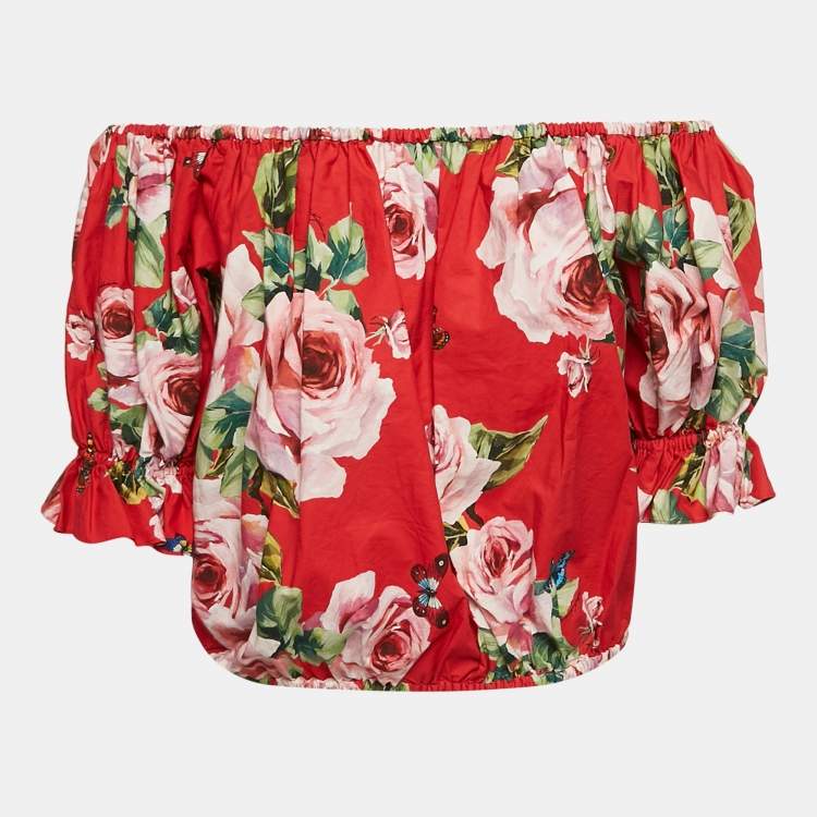 مملوكة مسبقًا Dolce & Gabbana Red Floral Print Poplin Off-Shoulder Crop Top M