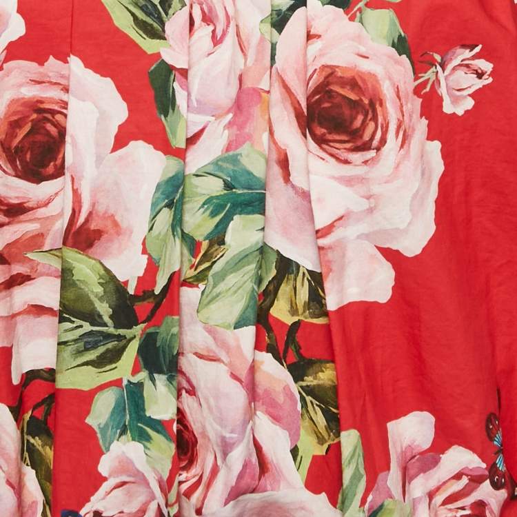 مملوكة مسبقًا Dolce & Gabbana Red Floral Print Poplin Off-Shoulder Crop Top M