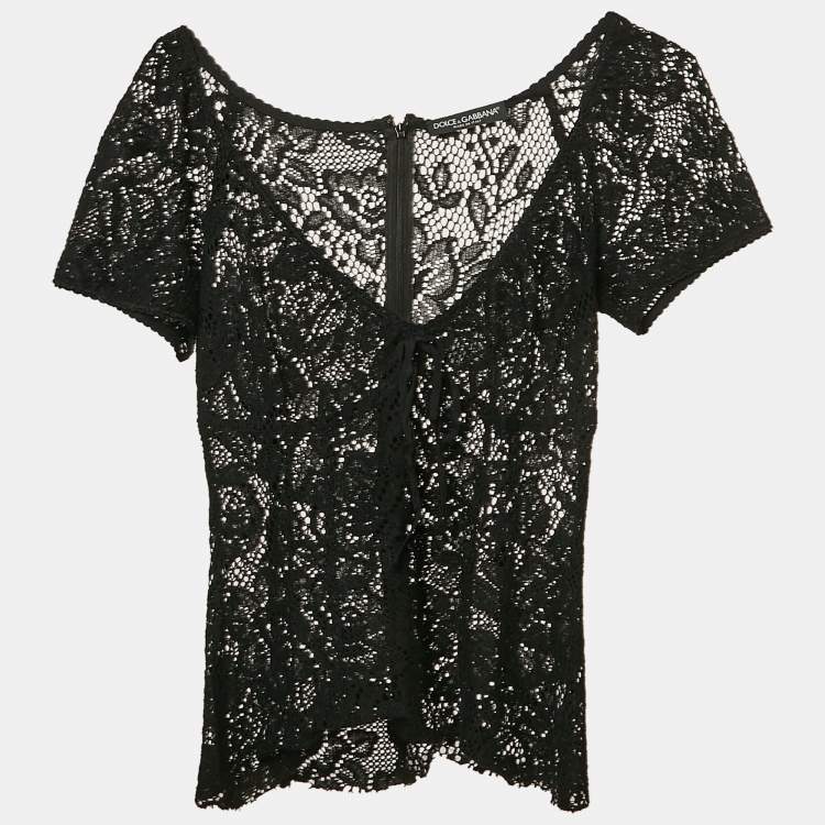 Pre Owned Dolce & Gabbana Black Lace V-Neck Sheer Top S
