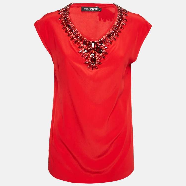 Pre Owned Dolce & Gabbana Red Rhinestone Embellished Silk Top M
