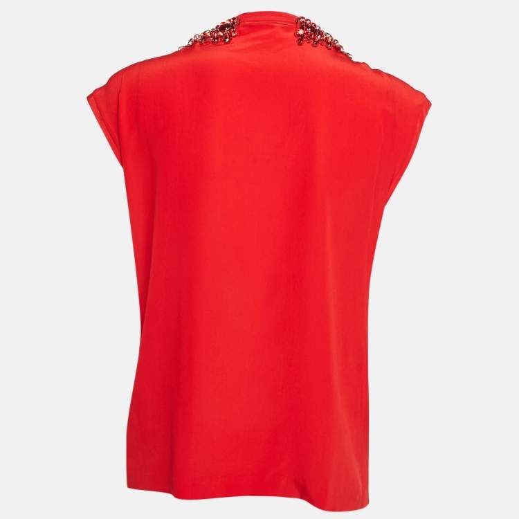 Pre Owned Dolce & Gabbana Red Rhinestone Embellished Silk Top M
