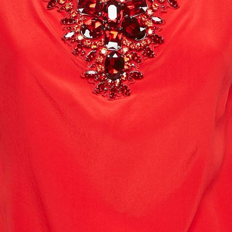 Pre Owned Dolce & Gabbana Red Rhinestone Embellished Silk Top M