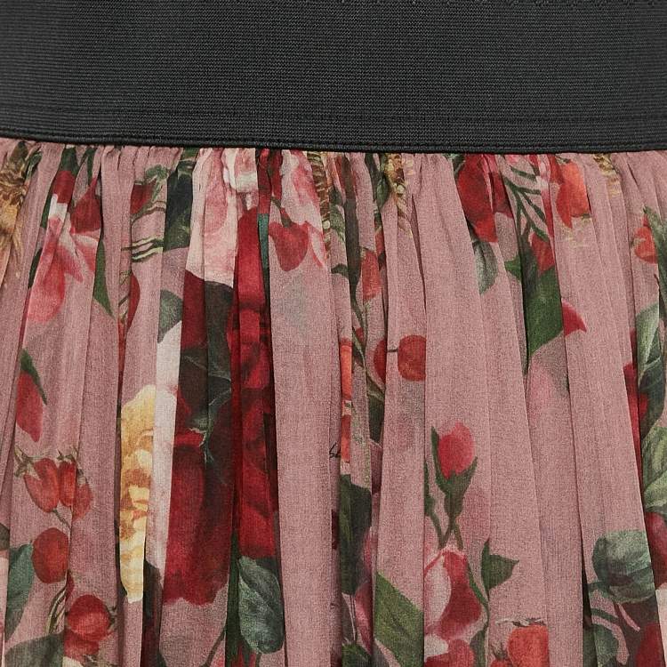 Pre Owned Dolce & Gabbana Pink Floral Print Silk Gathered Midi Skirt L