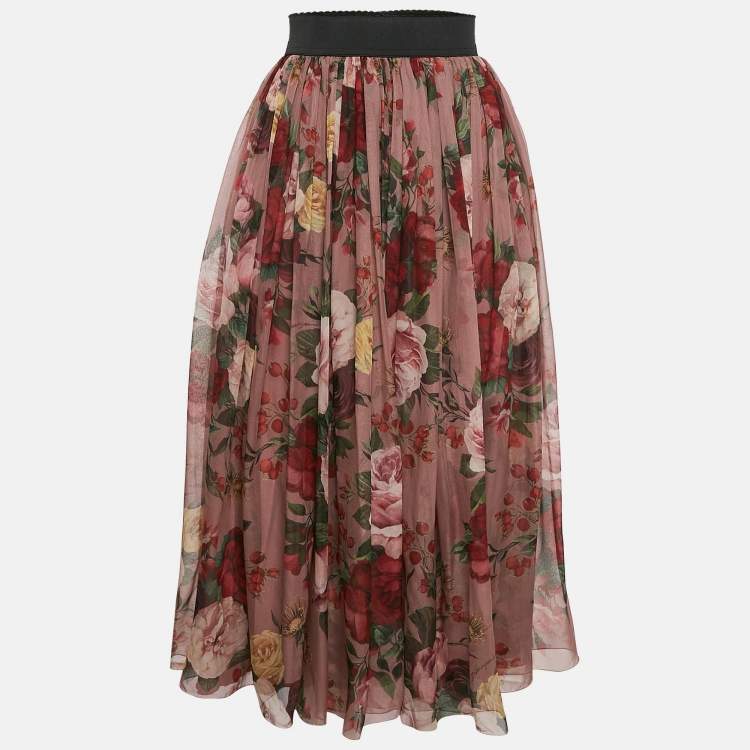 Pre Owned Dolce & Gabbana Pink Floral Print Silk Gathered Midi Skirt L