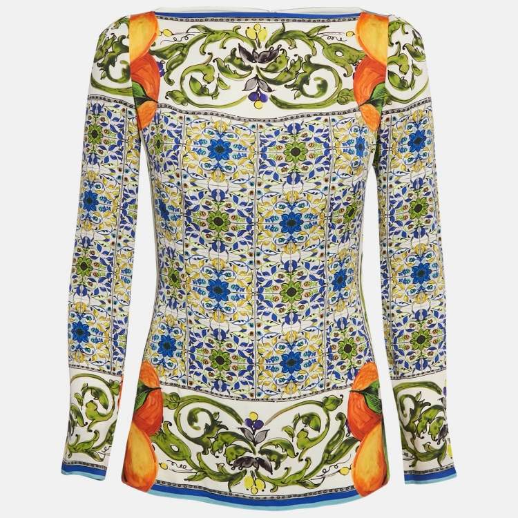 Pre Owned Dolce & Gabbana Multicolor Majolica Print Silk Long Sleeve Top M