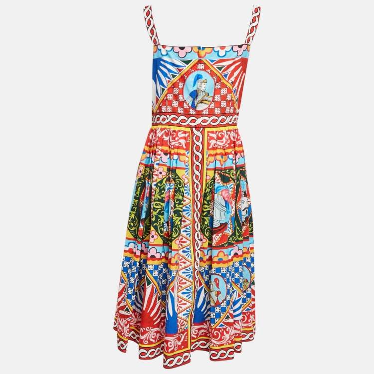 Pre Owned Dolce & Gabbana Red/Blue Carretto Print Poplin Gathered Midi Dress L