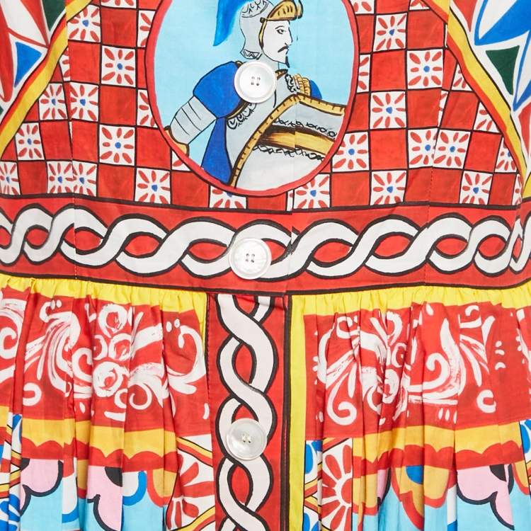 Pre Owned Dolce & Gabbana Red/Blue Carretto Print Poplin Gathered Midi Dress L