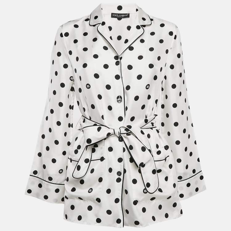 Pre Owned Dolce & Gabbana White/Black Polka Dots Print Silk Pajama Shirt XS