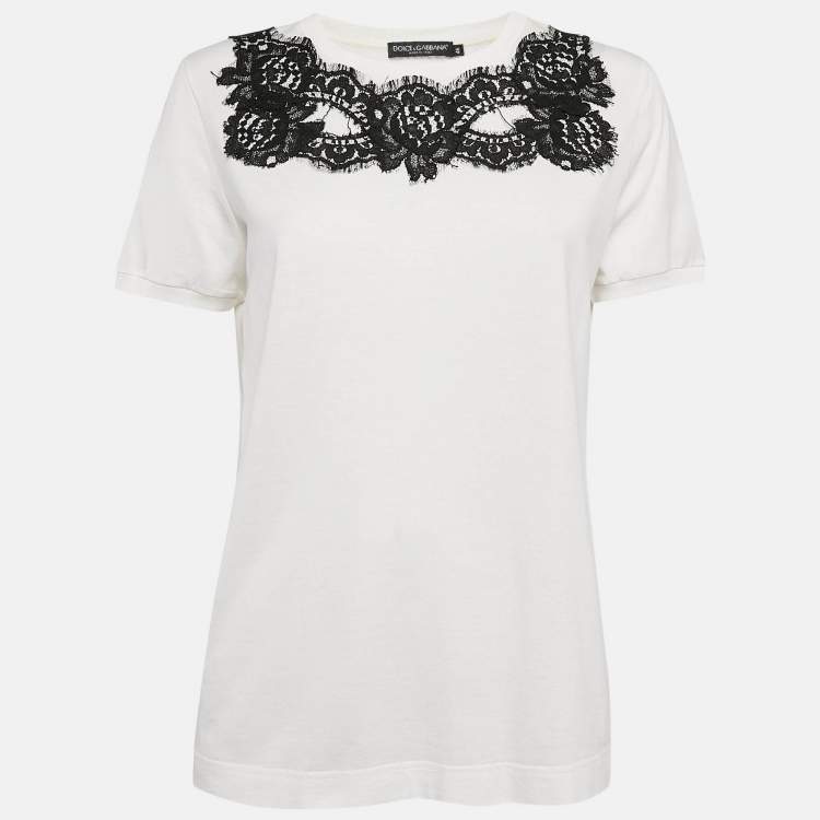 مملوكة مسبقًا Dolce & Gabbana White Cotton Lace Detail Crew Neck T-Shirt L