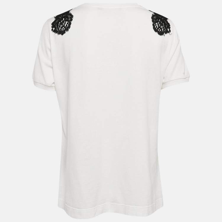 مملوكة مسبقًا Dolce & Gabbana White Cotton Lace Detail Crew Neck T-Shirt L