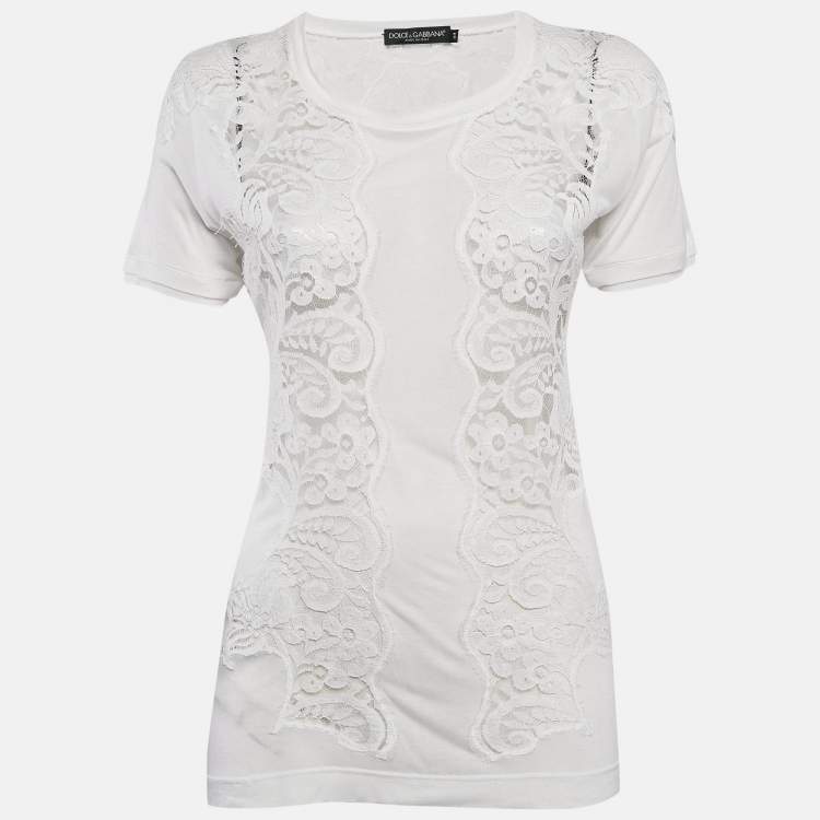 Pre Owned Dolce & Gabbana White Modal & Lace Trim Crew Neck Top M