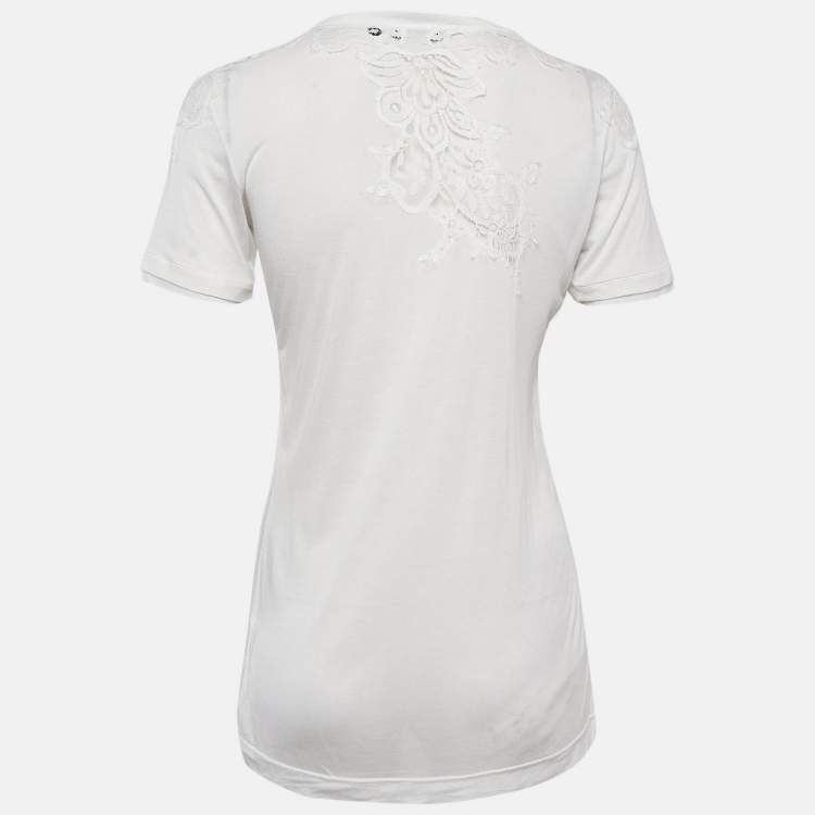 Pre Owned Dolce & Gabbana White Modal & Lace Trim Crew Neck Top M