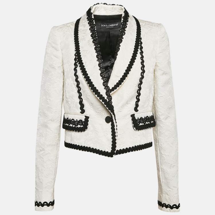 Pre Owned Dolce & Gabbana White Brocade Lace Trim Cropped Blazer L