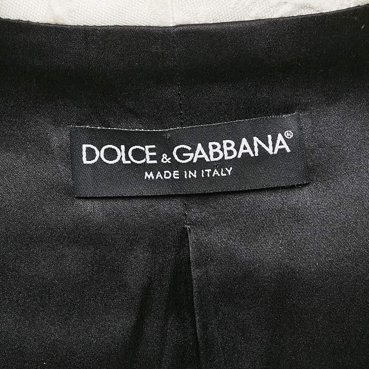 Pre Owned Dolce & Gabbana White Brocade Lace Trim Cropped Blazer L