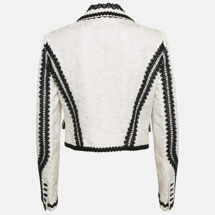 Pre Owned Dolce & Gabbana White Brocade Lace Trim Cropped Blazer L