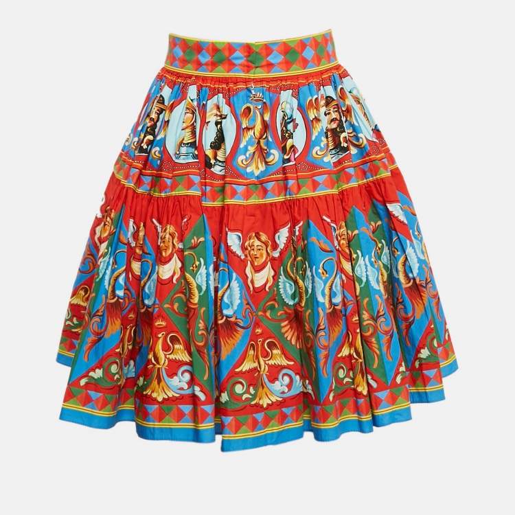 Pre Owned Dolce & Gabbana Red Carretto Print Gathered Mini Skirt M