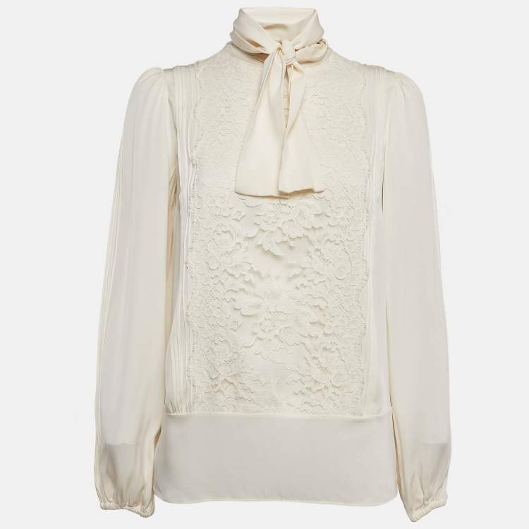 Pre Owned Dolce & Gabbana Cream Lace Trim Silk Button Front Shirt M
