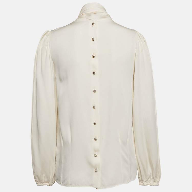 Pre Owned Dolce & Gabbana Cream Lace Trim Silk Button Front Shirt M