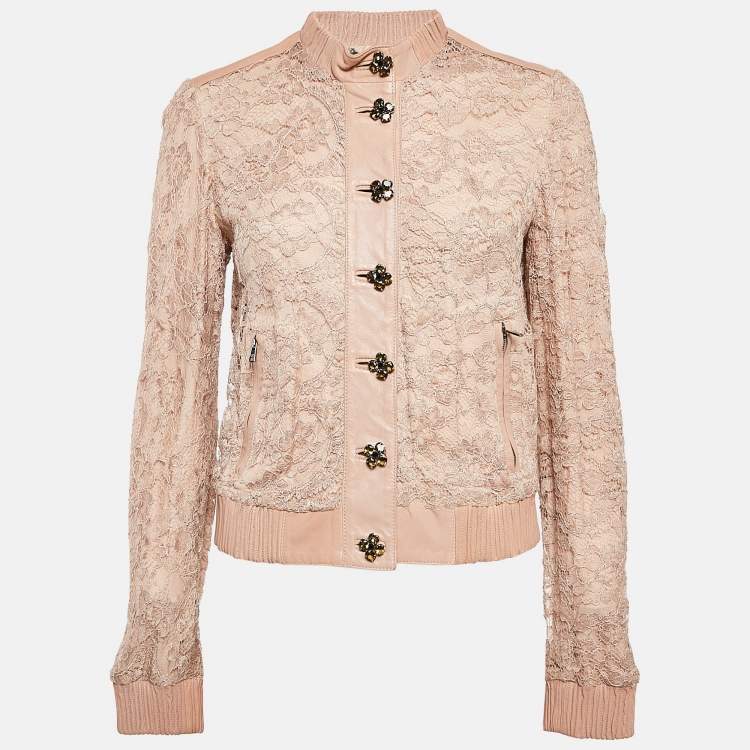 Pre Owned Dolce & Gabbana Beige Leather Trim Lace Blouson Jacket S