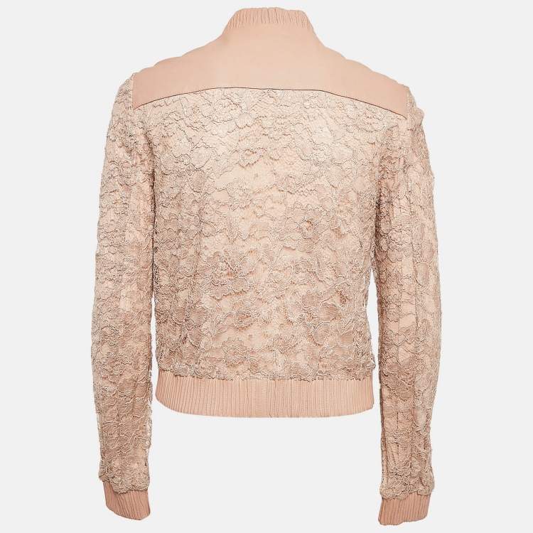 Pre Owned Dolce & Gabbana Beige Leather Trim Lace Blouson Jacket S