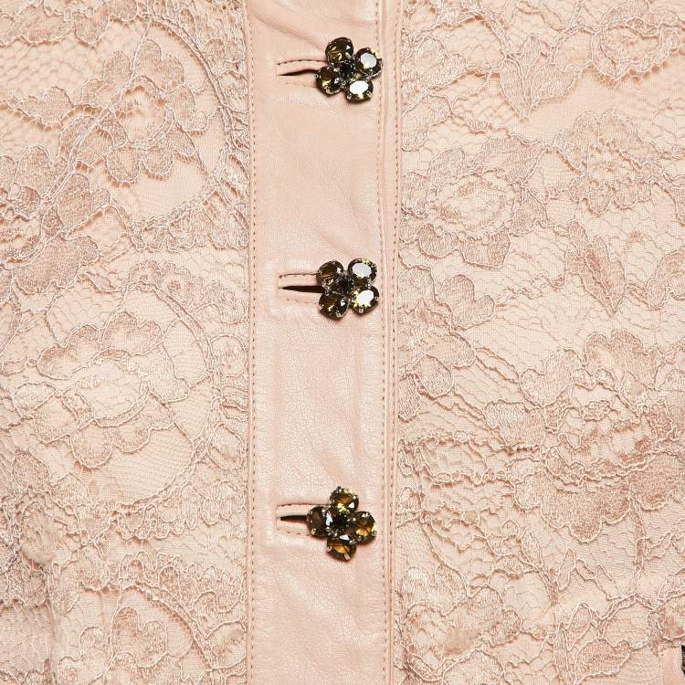 Pre Owned Dolce & Gabbana Beige Leather Trim Lace Blouson Jacket S