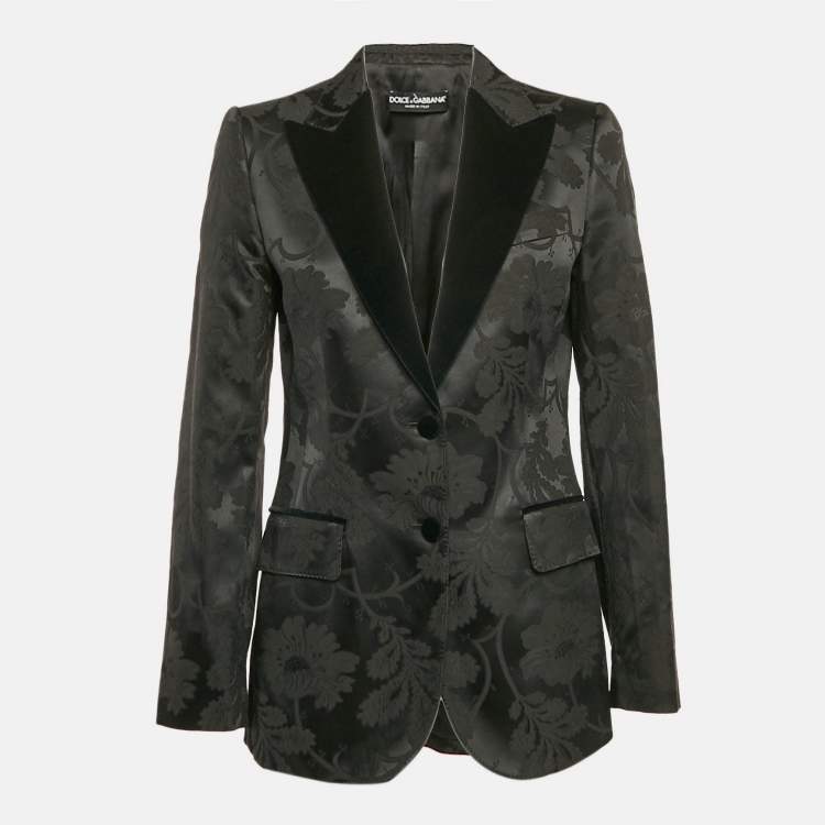 Pre Owned Dolce & Gabbana Black Floral Jacquard Velvet Trim Blazer M