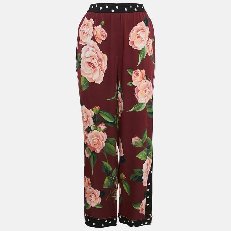 Pre Owned Dolce & Gabbana Burgundy Floral Print Silk Wide-Leg Trousers XL