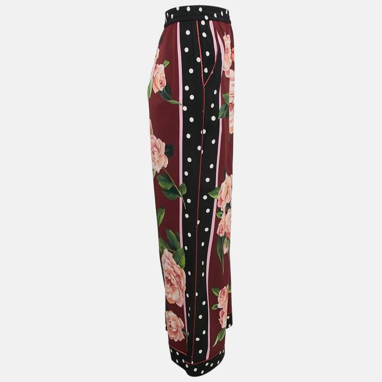 Pre Owned Dolce & Gabbana Burgundy Floral Print Silk Wide-Leg Trousers XL