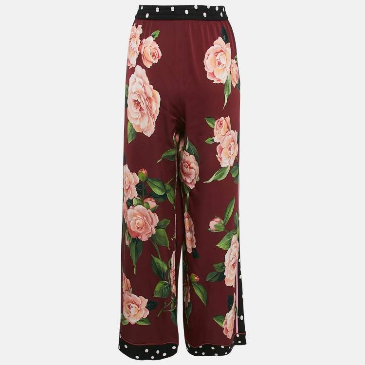 Pre Owned Dolce & Gabbana Burgundy Floral Print Silk Wide-Leg Trousers XL