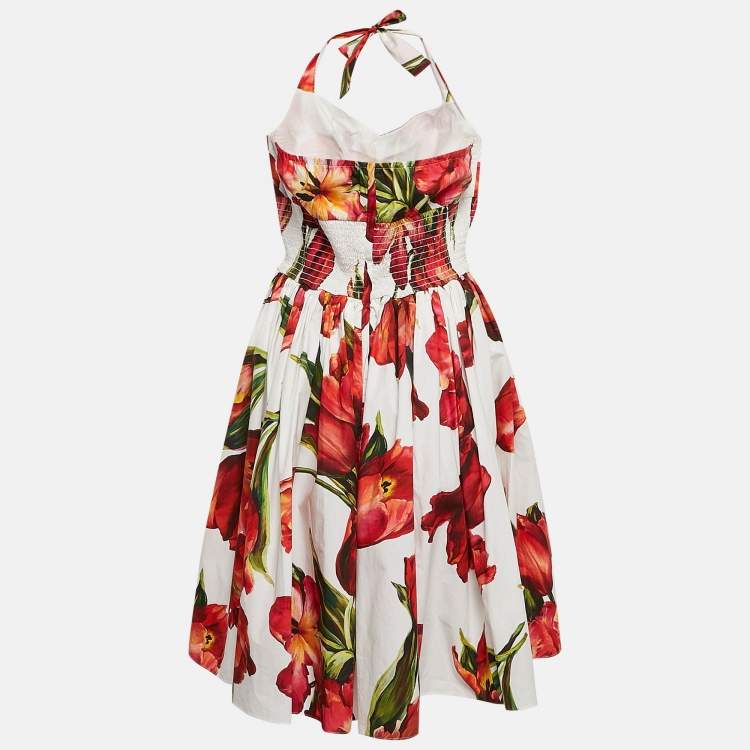 Pre Owned Dolce & Gabbana White and Red Tulip Print Cotton Halter Neck Short Dress XL