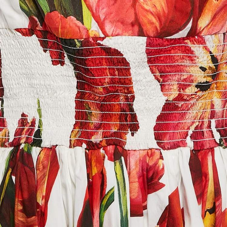 Pre Owned Dolce & Gabbana White and Red Tulip Print Cotton Halter Neck Short Dress XL