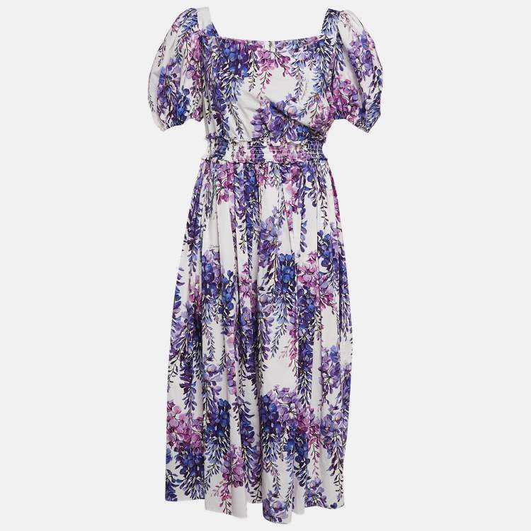 Pre Owned Dolce & Gabbana White/Lavender Floral Print Poplin Midi Dress L