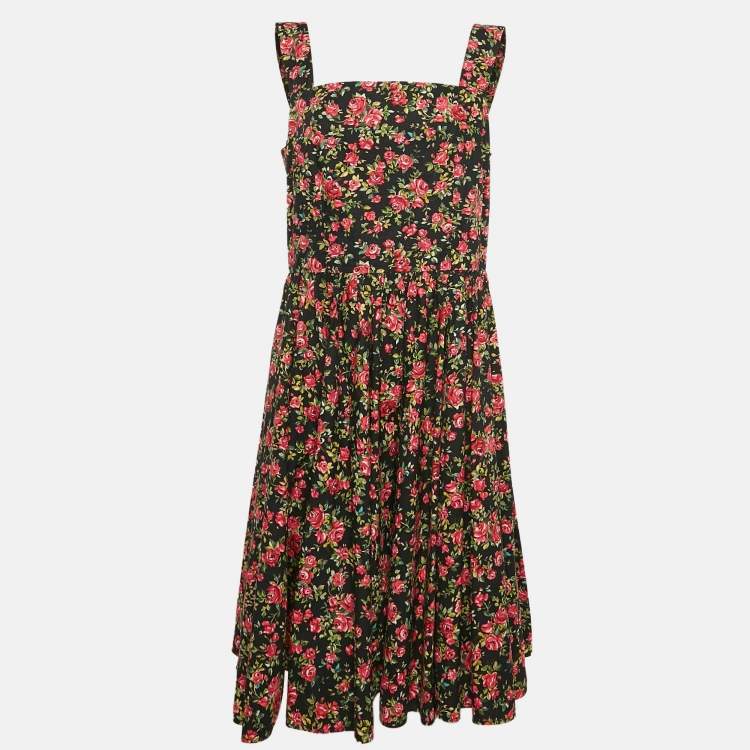 Pre Owned Dolce & Gabbana Black Rose Print Cotton Flared Midi Dress XL