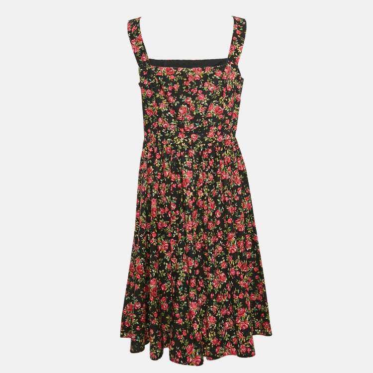 Pre Owned Dolce & Gabbana Black Rose Print Cotton Flared Midi Dress XL