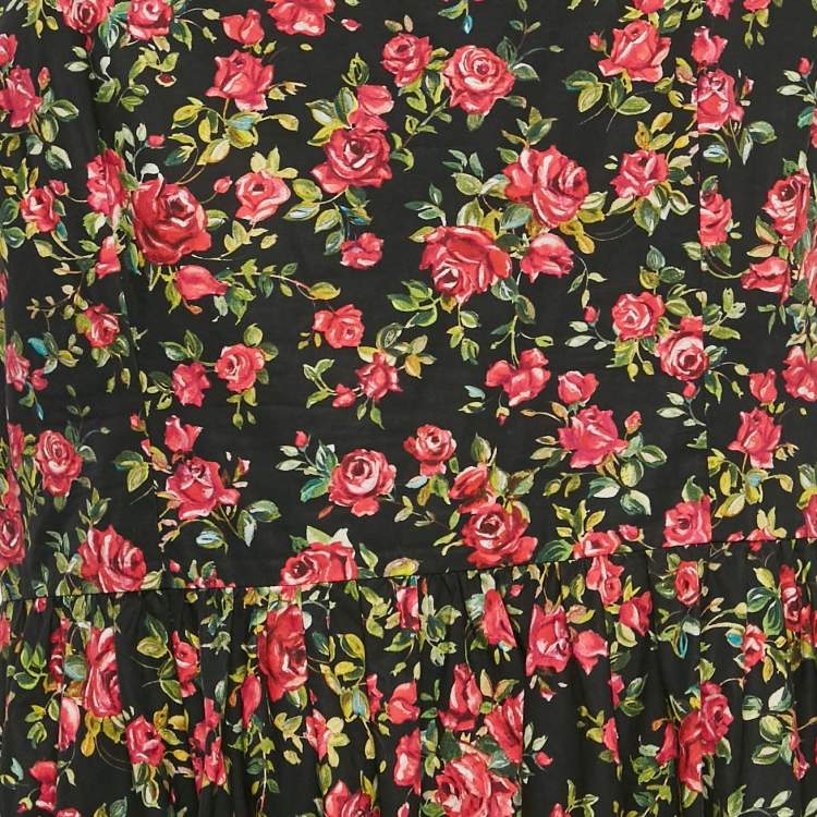 Pre Owned Dolce & Gabbana Black Rose Print Cotton Flared Midi Dress XL