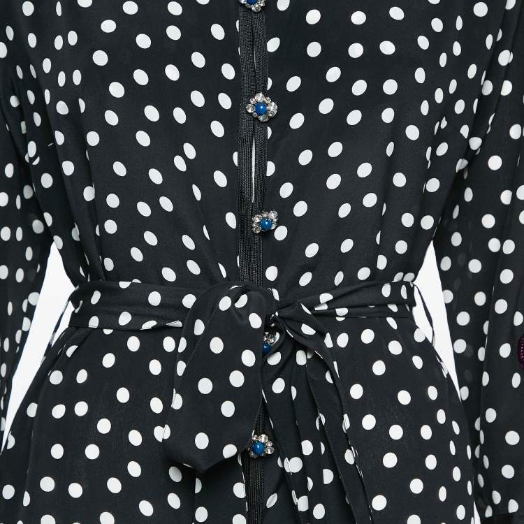 Pre Owned Dolce & Gabbana Black Polka Dot Print Silk Floral Sequin Button Front Midi Dress M