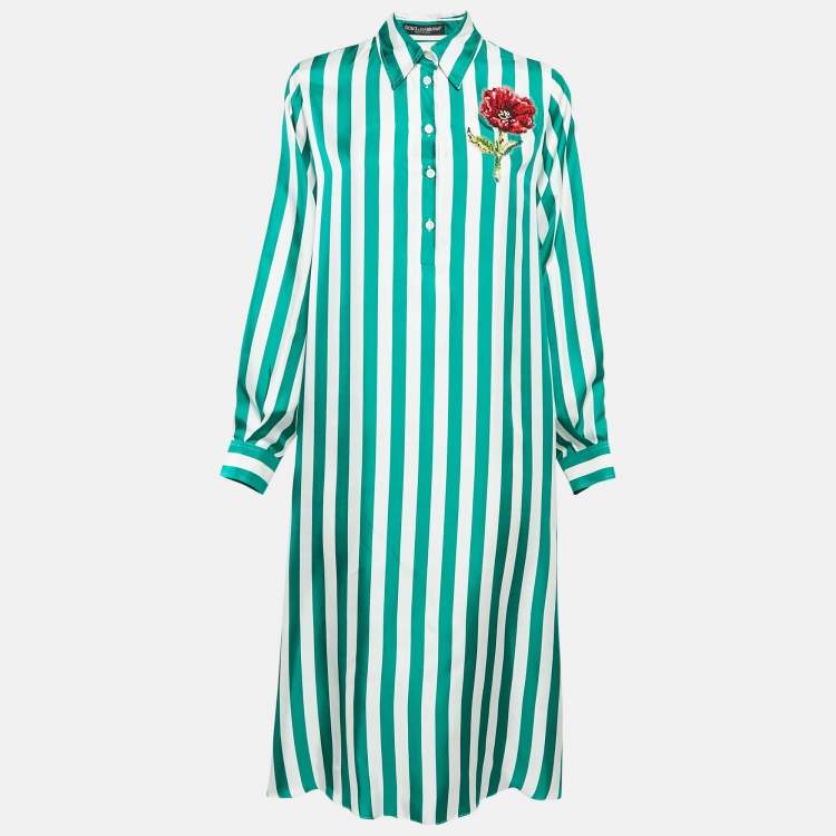 مملوكة مسبقًا Dolce & Gabbana Green/White Floral Embroidered Stripe Silk Midi Dress S