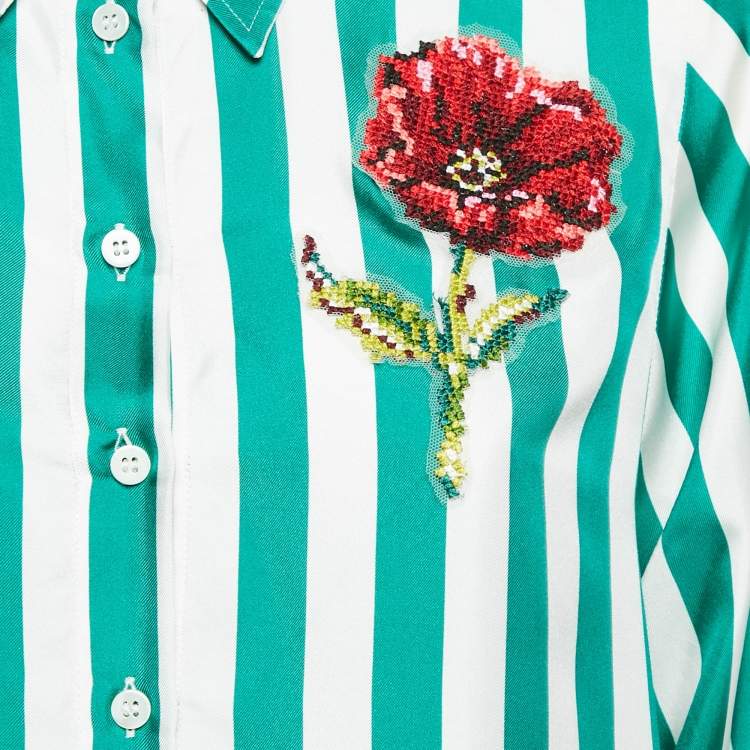 مملوكة مسبقًا Dolce & Gabbana Green/White Floral Embroidered Stripe Silk Midi Dress S