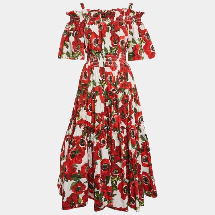 Pre Owned Dolce & Gabbana Red Floral Print Tiered Maxi Dress L