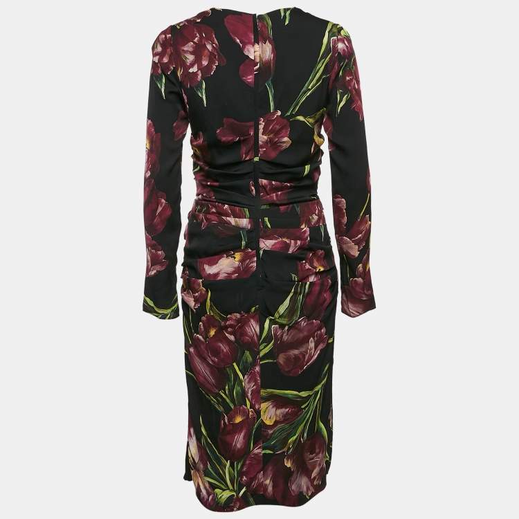 Pre Owned Dolce & Gabbana Black Flowers Print Silk Ruched Midi Dress L