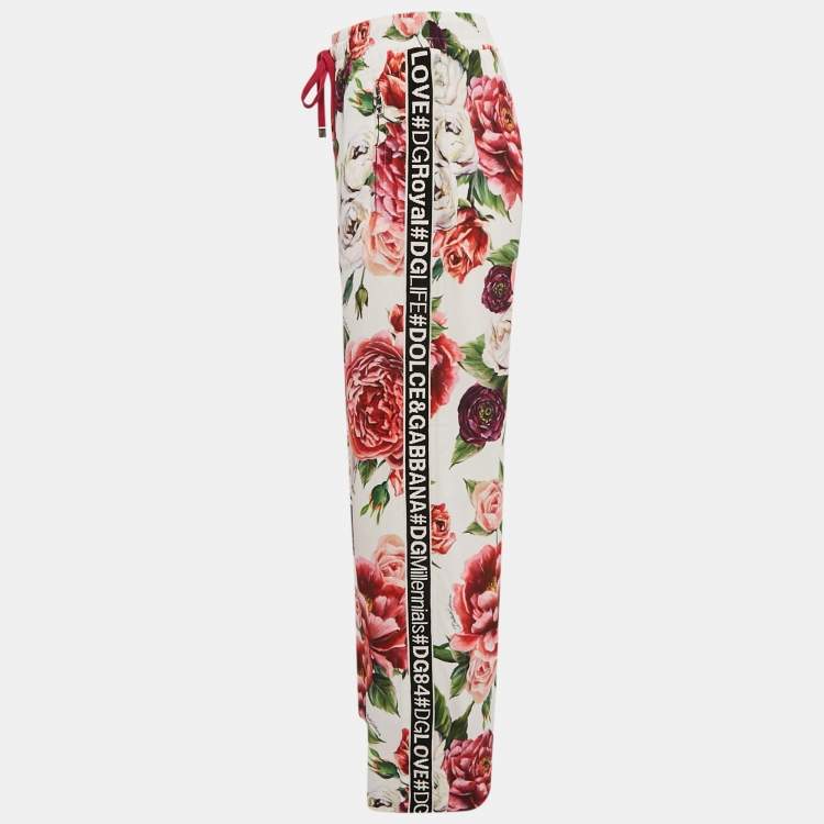 Pre Owned Dolce & Gabbana White Floral Print Crepe Logo Tape Detail Trousers M