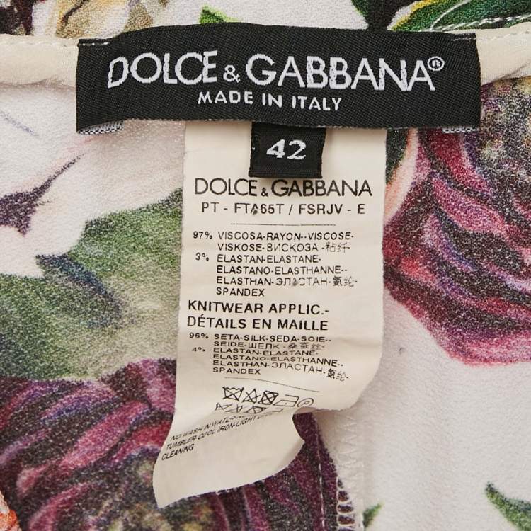 Pre Owned Dolce & Gabbana White Floral Print Crepe Logo Tape Detail Trousers M