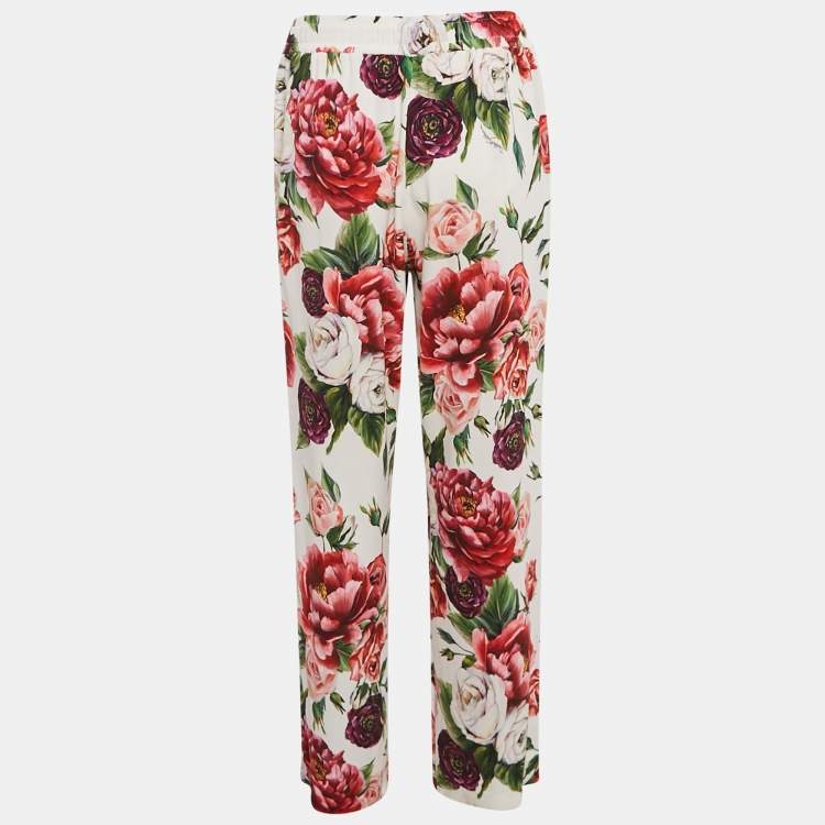 Pre Owned Dolce & Gabbana White Floral Print Crepe Logo Tape Detail Trousers M